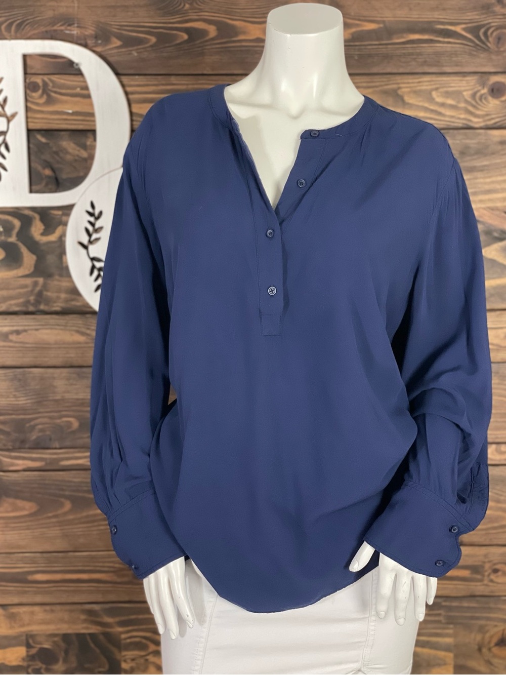 Old Navy | Pullover Tunic Deep Navy Blue Henley Blouse Split Neck Quarter Button